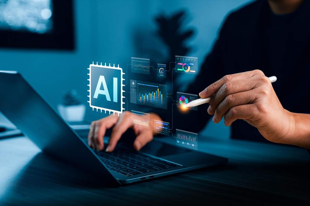 Un dirigeant d'entreprise analyse des données IA sur tablette.
